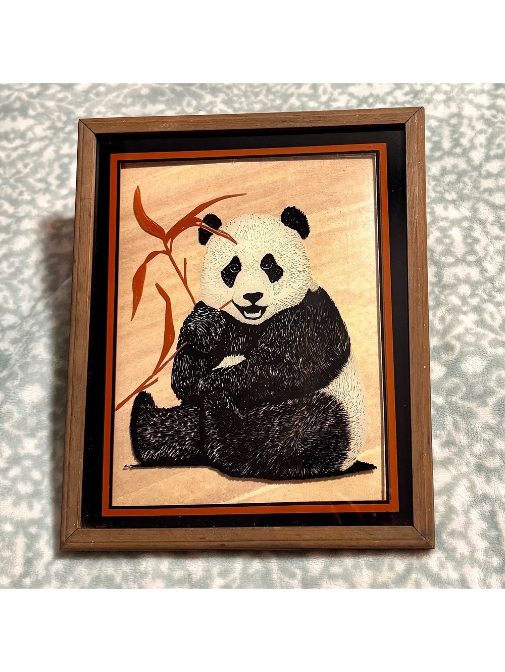 Vintage Panda Bear Bamboo Framed Wall Art Print Asian Style 10.5”x9”